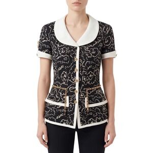 Vintage Chanel 90s Circa Black & White Scribble Floral Jacket - Size FR 42 US 10